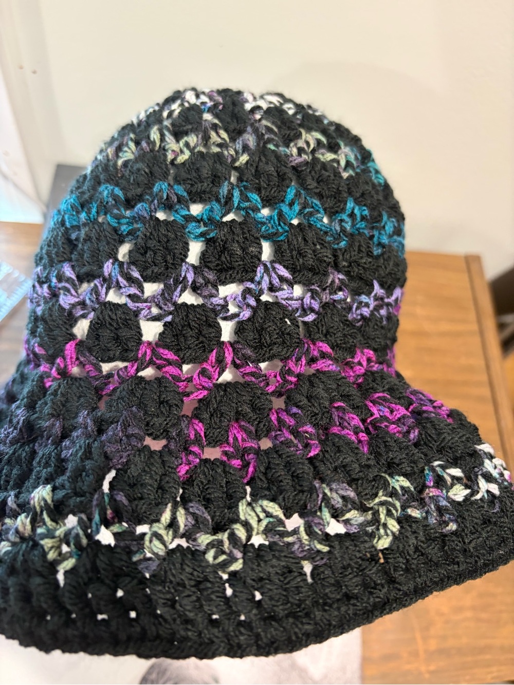 Crochet Bucket Hat Black Multicolor Acrylic Goth Boho Festival Halloween - Picture 4 of 4